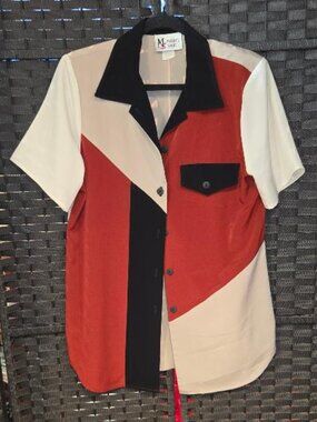 Maggie Sweet Vintage Color Block Short Sleeve Blouse Retro Bowling/Camp Shirt